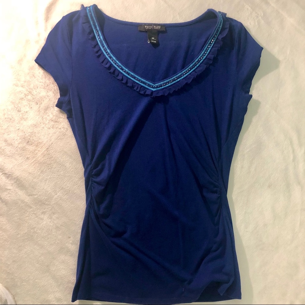 WHBM Blue shirt with cute detail. Super flattering
